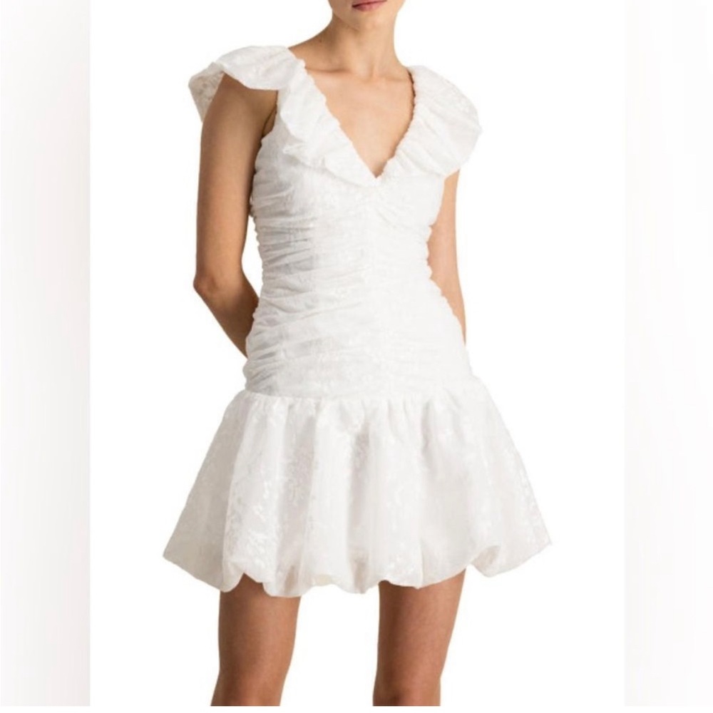 ML Monique Lhuillier Womens White Floral Ruched Ruffled Mini Cocktail Dress NWT